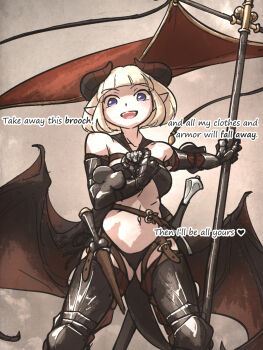 1girl armor bikini_armor blonde_hair breasts clinye_(ironlily) collarbone commentary demon_girl demon_horns demon_tail demon_wings english_commentary english_text gauntlets heart highres horns ironlily looking_at_viewer medium_breasts navel no_pupils open_mouth original pointy_ears purple_eyes sheath sheathed short_hair solo sword tail teeth upper_teeth_only weapon wings