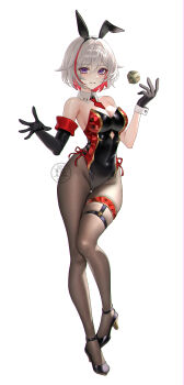 1girl absurdres animal_ear_hairband animal_ears asymmetrical_gloves black_gloves black_leotard black_pantyhose breasts commentary detached_collar dice elbow_gloves fake_animal_ears full_body gloves hairband high_heels highres holding holding_dice honkai:_star_rail honkai_(series) leotard looking_at_viewer medium_breasts multicolored_leotard necktie pantyhose parted_lips playboy_bunny purple_eyes rabbit_ear_hairband rabbit_ears red_hair red_necktie sicle side-tie_leotard simple_background single_elbow_glove solo strapless strapless_leotard topaz_(honkai:_star_rail) two-tone_leotard white_background white_hair