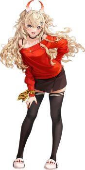 1girl bad_link black_choker black_skirt black_thighhighs blonde_hair choker full_body grey_eyes hand_on_own_hip hand_on_own_thigh horns hoshiakari_(c2_kikan) jewelry kantai_collection looking_at_viewer minneapolis_(kancolle) minneapolis_(setsubun)_(kancolle) necklace off-shoulder_sweater off_shoulder official_art red_sweater ribbon skirt slippers smile solo standing sweater thighhighs transparent_background two_side_up wavy_hair