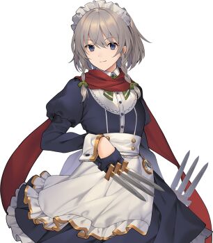 1girl adapted_costume apron between_fingers blue_eyes blue_gloves bow braid closed_mouth eho_(icbm) game_cg gloves green_bow grey_hair hair_bow holding holding_knife izayoi_sakuya juliet_sleeves knife knives_between_fingers labyrinth_of_touhou_(series) labyrinth_of_touhou_tri long_hair long_sleeves looking_at_viewer maid maid_headdress official_art pocket_watch puffy_sleeves red_scarf scarf smile solo third-party_source touhou transparent_background twin_braids waist_apron watch white_apron