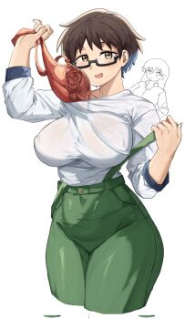 2girls akihitoevon arato_nagi blush bra breasts brown_eyes brown_hair covered_erect_nipples covered_navel cropped_legs curvy glasses green_pants highres imari_youko large_breasts long_sleeves looking_at_viewer multiple_girls open_mouth pants red_bra removing_bra removing_bra_under_shirt ruri_no_houseki semi-rimless_eyewear shirt short_hair smile solo_focus suspender_pants taut_clothes taut_shirt under-rim_eyewear underwear white_background white_shirt
