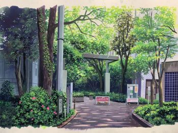 building bush commentary_request dappled_sunlight day doremifa84 flower highres no_humans original outdoors path red_flower road scenery sign sunlight tree