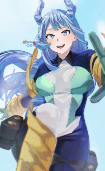 1girl absurdres artist_name blue_background blue_bodysuit blue_eyes blue_hair bluesky_logo bodysuit boku_no_hero_academia breasts bright_pupils commentary drill_hair english_commentary gloves green_bodysuit hado_nejire hair_horns highres instagram_logo knowname large_breasts long_hair looking_at_viewer mixed-language_commentary multicolored_bodysuit open_mouth pixiv_logo smile superhero_costume thigh_strap twitter_logo very_long_hair yellow_gloves