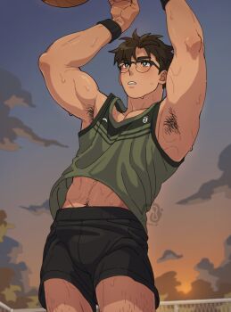 1boy absurdres armband armpit_hair armpits arms_up ball basketball_(object) black_armband black_shorts brown_hair chain-link_fence check_copyright cloud commentary copyright_request dusk fence glasses green_tank_top grey_eyes groin highres jumping leg_hair looking_up male_focus midriff_peek muscular muscular_male original outdoors parted_lips short_hair shorts sky solo sweat symbol-only_commentary syrop_(syr_ooo_p) tank_top very_sweaty watermark