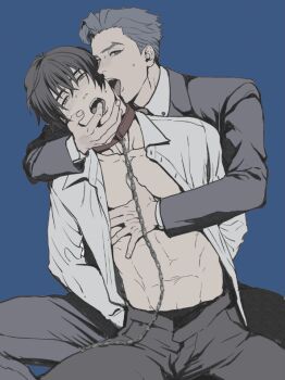 Rule 34 | 2boys, adam (sk8), animal collar, black hair, black pants, blue hair, blue suit, blush, bound, bound arms, chain, chain leash, chained, collar, commentary request, d-red, finger in another's mouth, formal clothes, grey eyes, kikuchi tadashi, leash, licking, male focus, multiple boys, open clothes, open mouth, open shirt, pants, pectoral squeeze, red eyes, shirt, simple background, sk8 the infinity, suit, sweatdrop, white shirt, yaoi