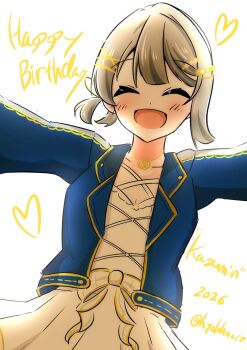 1girl 2026 :d ^_^ blue_jacket breasts brown_hair character_name cleavage closed_eyes collarbone commentary cowboy_shot daime_(hyahhaa10) dress facing_viewer happy_birthday hashtag-only_commentary heart highres jacket love_live! love_live!_nijigasaki_high_school_idol_club margaret_(love_live!) nakasu_kasumi open_clothes open_jacket open_mouth outstretched_arms short_hair simple_background small_breasts smile solo spread_arms twitter_username white_background white_dress