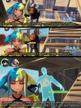 1girl aqua_hair black_mask blonde_hair blue_eyes canari_(pokemon) center-flap_bangs fortnite highres ishowspeed_trying_not_to_laugh_(meme) jacket mask meme mouth_mask multicolored_hair nintendo opalis pokemon pokemon_legends:_z-a short_twintails solo split-color_hair twintails two-tone_hair two-tone_mask yellow_jacket yellow_mask