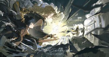 Rule 34 | 1boy, 1girl, 6 (reverse:1999), absurdres, ancient greek clothes, black dress, black hair, blonde hair, blue eyes, blue sky, blurry, blurry foreground, cloud, commission, dress, from side, geometry, glowing, greco-roman clothes, hair ornament, highres, himation, long hair, math, original, pillar, profile, reverse:1999, sky, stairs, standing, watermark, zzzzzm jiangzhouzi