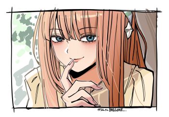 Rule 34 | blue eyes, blush, brown hair, brown shirt, closed mouth, commentary request, cosplay, finger to mouth, hair between eyes, hand up, highres, kawamochi (kawauti919), long hair, looking at viewer, shirt, silence suzuka (umamusume), silence suzuka (umamusume) (cosplay), smile, translation request, umamusume