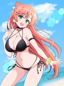 1girl absurdres aged_up beach bikini black_bikini blue_sky breasts cleavage cloud cloudy_sky commentary_request day dutch_angle earrings front-tie_bikini_top front-tie_top green_eyes hair_bun hair_ribbon halterneck head_tilt highres hirogaru_sky!_precure horizon jewelry kaatsu_katsurou large_breasts leaning_forward lens_flare long_hair looking_at_viewer multi-strapped_bikini_bottom multi-strapped_bikini_top navel nijigaoka_mashiro ocean open_mouth outdoors partial_commentary precure ribbon scrunchie side-tie_bikini_bottom single_hair_bun sky smile solo standing swimsuit very_long_hair white_ribbon wrist_scrunchie yellow_scrunchie