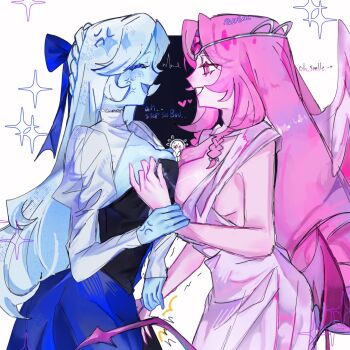 Rule 34 | 2girls, blue dress, blue eyes, blue skin, colored skin, cookie run, cookie run: kingdom, dress, eternal sugar cookie, heterochromia, highres, humanization, komtooi21, lady in azure, long hair, long sleeves, looking at viewer, multiple girls, shadow milk cookie, simple background, slit pupils, smile, very long hair, white hair