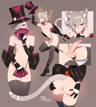 1boy 2boys absurdres animal_ear_fluff animal_ears anus artist_logo artist_name ass black_bow black_footwear black_gloves black_headwear blush boots bow brown_background card cat_boy choker collarbone commentary covering_crotch covering_own_mouth covering_privates crotchless crotchless_panties elbow_gloves english_commentary erection genshin_impact gloves grey_hair grey_tail grey_thighhighs hair_over_one_eye hat hat_ribbon heart heart-shaped_pupils highleg highleg_panties highres logo lyney_(genshin_impact) male_focus matemi multicolored_hair multiple_boys multiple_views navel nipples nude panties penis pink_bow pink_choker pink_hair playing_card purple_eyes ribbon shadow short_hair simple_background spread_anus streaked_hair swept_bangs symbol-shaped_pupils teardrop_facial_mark thighhighs top_hat trap underwear