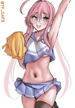 1girl absurdres ahoge alternate_costume armpits black_thighhighs blue-framed_eyewear blue_sailor_collar blue_shirt blue_skirt blush breasts cheerleader collarbone cowboy_shot cropped_shirt double-parted_bangs glasses hair_between_eyes hair_intakes hashtag-only_commentary highres huge_ahoge kantai_collection long_hair long_sidelocks looking_at_viewer makigumo_(kancolle) microskirt navel one-hour_drawing_challenge open_mouth pink_hair pleated_skirt pom_pom_(cheerleading) round_eyewear sailor_collar shirt sidelocks simple_background skindentation skirt sleeveless sleeveless_shirt solo standing standing_on_one_leg stomach teeth tf_cafe thighhighs triangle_mouth twitter_username two-tone_shirt underboob upper_teeth_only very_long_hair white_background white_shirt yellow_eyes