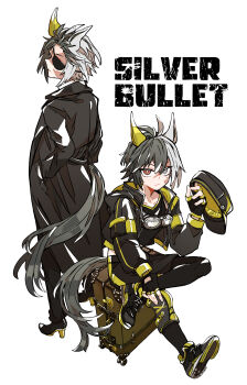 Rule 34 | 1girl, animal ears, asuka (junerabitts), black coat, borrowed character, character name, coat, collarbone, commentary request, commission, dual persona, ear covers, eyepatch, fingerless gloves, gloves, goggles, goggles around neck, grey eyes, grey hair, hair between eyes, heterochromia, high heels, highres, horse ears, horse girl, horse tail, jacket, looking at viewer, multiple girls, multiple views, name connection, open clothes, open jacket, original, pov, pov hands, red eyes, ringed eyes, sideways glance, single ear cover, sitting, skeb commission, tail, umamusume