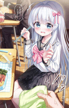 1boy 1girl accident ahoge black_sailor_collar black_skirt blue_eyes blunt_bangs blurry blurry_background blush bow bowtie breasts chair chopsticks collarbone commentary_request crying crying_with_eyes_open eyes_visible_through_hair feet_out_of_frame fingernails flying_sweatdrops food hair_between_eyes hair_bow handkerchief hands_up highres holding holding_chopsticks holding_handkerchief indoors long_hair long_sleeves looking_at_viewer lunch lunchbox mashiro_fuuna miniskirt on_chair open_mouth original pink_bow pink_bowtie pleated_skirt pov pov_hands sailor_collar sausage school_uniform serafuku shirt sitting skirt small_breasts solo_focus sound_effects speech_bubble spill straight_hair sweatdrop tearing_up tears translated tyutaka0427 very_long_hair wavy_mouth wet wet_clothes wet_skirt white_hair white_shirt wilted_ahoge