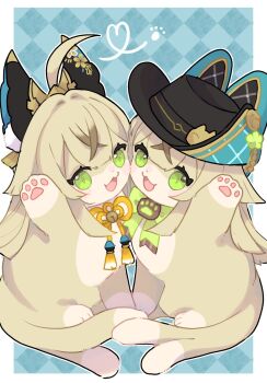 :3 :d animalization black_hat blonde_hair bow bowtie cat commentary dual_persona genshin_impact green_bow green_bowtie green_eyes hat highres kirara_(genshin_impact) kirara_(phantom_in_boots)_(genshin_impact) looking_at_viewer nasuka_gee no_humans open_mouth smile