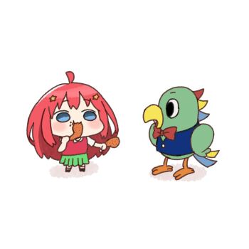 Rule 34 | 1girl, ahoge, akino ell, black shoes, blue eyes, blue vest, blush, bow, bowtie, character request, chicken (food), chicken leg, collared shirt, commentary request, food, go-toubun no hanayome, green skirt, hair ornament, holding, holding food, long hair, nakano itsuki, pleated skirt, red bow, red bowtie, red hair, shadow, shirt, shoes, short sleeves, simple background, skirt, standing, star (symbol), star hair ornament, sweater vest, very long hair, vest, white background, white shirt