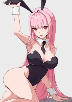 1girl animal animal_ears armpits breasts cleavage costume detached_collar highres hololive hololive_english large_breasts long_hair mori_calliope pink_hair playboy playboy_bunny rabbit rabbit_ears red_eyes solo thighs very_long_hair virtual_youtuber zeropen