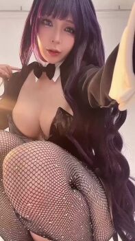 1girl animated arm_tattoo ass audible_music black_leotard breasts cosplay female_focus fishnets highres huge_ass izayoi_arisa izayoi_arisa_(cosplay) kitagawa_marin kitagawa_marin_(cosplay) leotard medium_breasts playboy_bunny purple_hair rabbit_ears rabbit_tail real_life solo sono_bisque_doll_wa_koi_wo_suru sound tattoo umekojcosplayer video vietnamese