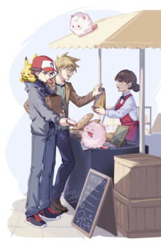 Rule 34 | 1girl, 2boys, 88 (einnimnech), apron, baguette, baseball cap, black hair, black shirt, blue oak, blue pants, bow, bowtie, bread, brown eyes, brown hair, brown jacket, chalkboard, closed eyes, closed mouth, commentary request, crate, donut, food, food in mouth, food stand, gen 1 pokemon, gen 6 pokemon, green shirt, grey jacket, grey pants, hair bun, hat, highres, holding, holding donut, holding food, jacket, multiple boys, nintendo, on shoulder, open mouth, pants, pikachu, pokemon, pokemon (creature), pokemon legends: z-a, pokemon on shoulder, red (pokemon), red apron, red bow, red bowtie, red hat, shirt, shoes, short hair, smile, spiked hair, swirlix, tail, tongue, tongue out, wooden box