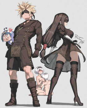 2b_(nier:automata) 2b_(nier:automata)_(cosplay) 2boys 3girls 9s_(nier:automata) 9s_(nier:automata)_(cosplay) anger_vein animal_costume annoyed ass_peek black_boots black_dress black_hairband black_shorts black_thighhighs blindfold boots bosstseng clothes_theft cloud_strife company_connection completely_nude cosplay crossover dress feather-trimmed_sleeves final_fantasy final_fantasy_vii final_fantasy_vii:_ever_crisis grey_hair hairband highres hug long_hair low-tied_long_hair multiple_boys multiple_girls natsuki_(bosstseng) nier:automata nier_(series) nude official_alternate_costume original pendant_choker penguin_costume short_hair shorts smile spiked_hair standing theft thighhighs thighhighs_under_boots thighs tifa_lockhart tifa_lockhart_(battler_ensemble)