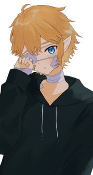 Rule 34 | 1boy, :o, ahoge, alternate costume, aotu world, bandaged hand, bandaged neck, bandages, bandaid, bandaid on face, black hoodie, blonde hair, blue eyes, blush, commentary, drawstring, eyepatch, hair between eyes, hand up, highres, hood, hood down, hoodie, king (aotu world), long sleeves, looking at viewer, male focus, medical eyepatch, one eye covered, open mouth, pointy ears, short hair, simple background, solo, untranslatable commentary, upper body, velvet11, white background