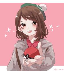 Rule 34 | 1girl, artist name, border, brown eyes, brown hair, commentary request, creatures (company), game freak, gloria (pokemon), highres, holding, holding poke ball, looking at viewer, medium hair, nintendo, open mouth, outside border, poke ball, poke ball (basic), pokemon, pokemon swsh, red background, simple background, smile, solo, sparkle, suimin ap, twitter username, upper body, white border