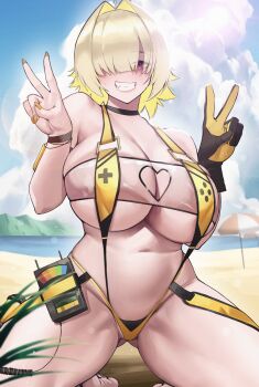 Rule 34 | 1girl, absurdres, ahoge, bare shoulders, beach, beach umbrella, black choker, black gloves, blonde hair, bracelet, breasts, choker, clothing cutout, cloud, commentary, cumulonimbus cloud, day, double v, elegg (boom and shock) (nikke), elegg (nikke), english commentary, game controller print, gloves, gluteal fold, goddess of victory: nikke, grin, hair intakes, hair over one eye, hands up, heart cutout, highres, jewelry, large breasts, lens flare, long bangs, looking at viewer, mountainous horizon, multicolored gloves, nail polish, navel, ocean, official alternate costume, one eye covered, outdoors, plant, purple eyes, sand, see-through slingshot swimsuit, short hair, slingshot swimsuit, smile, solo, swimsuit, two-sided gloves, two-tone gloves, umbrella, v, very long fingernails, water, yellow gloves, yellow nails, yellow slingshot swimsuit, zukululuu