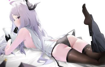 1girl ahoge ass bare_arms black_gloves black_horns black_panties black_skirt black_thighhighs black_wings blue_archive blush breasts clothes_pull demon_girl demon_horns demon_wings feet feet_up gloves half-closed_eyes half_gloves halo highres hina_(blue_archive) holding holding_paper horns inu_lin lace lace_panties loli long_hair looking_at_viewer low_wings on_bed panties paper purple_eyes shirt simple_background skirt skirt_pull sleeveless sleeveless_shirt small_breasts soles solo thighhighs thighs toes underwear very_long_hair white_background white_hair white_shirt wings zettai_ryouiki