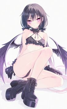 1girl absurdres bare_legs black_boots black_bra black_hair black_panties blush boots bra breasts closed_mouth full_body highres long_hair low_twintails mole mole_under_eye original panties purple_eyes sitting small_breasts solo twintails underwear underwear_only very_long_hair wings yuzuno_kaori