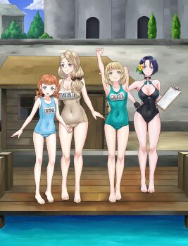 4girls absurdres alternate_costume annette_fantine_dominic arm_up black_hair black_one-piece_swimsuit blonde_hair blue_eyes blue_hair blue_one-piece_swimsuit breasts brown_one-piece_swimsuit cleavage closed_mouth fire_emblem fire_emblem:_three_houses fire_emblem_heroes flower gluteal_fold green_eyes green_one-piece_swimsuit hair_flower hair_ornament hair_rings hand_on_another&#039;s_shoulder highres holding_binder ingrid_brandl_galatea large_breasts long_hair low-tied_long_hair matching_outfits medium_breasts mercedes_von_martritz multiple_girls name_tag nintendo official_alternate_costume old_school_swimsuit one-piece_swimsuit open_mouth orange_hair outdoors pool poolside purple_eyes redkite333 school_swimsuit shamir_nevrand shamir_nevrand_(summer) small_breasts smile stretching swimsuit