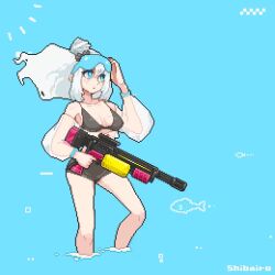1girl animated bikini black_bikini blue_eyes goggles original pixel_art shibairo solo swimsuit tagme video wading water water_gun white_hair
