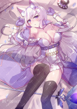 1girl alternate_color animal_ear_fluff animal_ears arch_mage_(ragnarok_online) belt black_thighhighs blush breasts capelet cleavage commentary_request dress feet_out_of_frame fox_ears fox_girl fur-trimmed_gloves fur_trim gloves hat highres large_breasts looking_at_viewer lying on_back purple_belt purple_capelet purple_dress purple_eyes purple_gloves ragnarok_online sample_watermark solo staff thighhighs top_hat unworn_hat unworn_headwear vixiq watermark watermark_grid white_hair