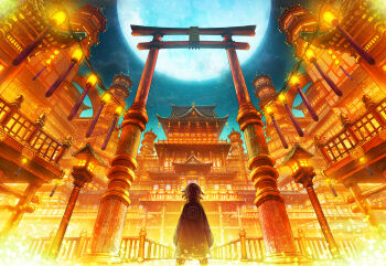 1other ambiguous_gender architecture building coat commentary_request east_asian_architecture facing_away from_behind full_moon highres lamppost moon night orange_theme original outdoors pagoda photoshop_(medium) revision scenery standing tami_(nekoneto) torii tower wide_shot