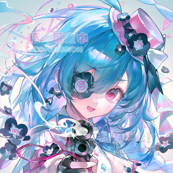 Rule 34 | 1girl, black flower, blue bow, blue bowtie, blue hair, blush, bow, bowtie, commission, earrings, eyelashes, flower, gun, hair between eyes, hat, hat flower, hat ornament, head tilt, highres, holding, holding gun, holding weapon, jewelry, long hair, looking at viewer, luhui, mini hat, one eye covered, open mouth, original, pink eyes, pink hat, single earring, solo, square, upper body, watermark, weapon