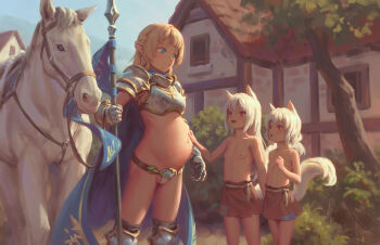 3girls animal_ears armor bigrbear blonde_hair blue_eyes boobplate breastplate breasts brown_skirt completely_nude day elf highres holding holding_polearm holding_weapon leg_armor loli long_hair medium_breasts multiple_girls nipples nude original outdoors pointy_ears polearm pregnant pussy red_eyes shoulder_armor skirt small_breasts smile spear tail topless_female weapon white_hair white_horse