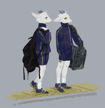 2boys backpack bag blue_jacket blue_shorts body_fur duffel_bag full_body furry furry_male goat_boy grey_background horizontal_pupils horns jacket male_focus multiple_boys nagabe original shoes shorts simple_background sneakers standing white_fur yellow_eyes