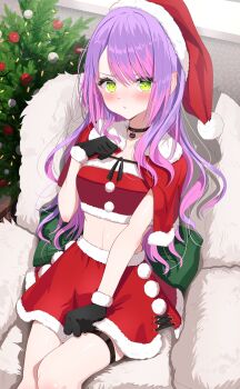 1girl absurdres black_gloves breasts capelet choker christmas_tree commentary_request fur-trimmed_capelet fur-trimmed_gloves fur-trimmed_skirt fur-trimmed_tube_top fur_trim gloves green_eyes hat highres hololive looking_at_viewer midriff multicolored_hair pink_hair purple_hair red_skirt red_tube_top santa_costume santa_hat skirt solo strapless thigh_strap tokoyami_towa tube_top two-tone_hair visitofsiki