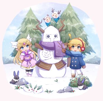 1boy 1girl absurdres alternate_costume aqua_eyes blonde_hair brown_mittens capelet character_snowman commentary english_commentary enni fur-trimmed_capelet fur_trim green_eyes highres jewelry link long_hair mittens nintendo open_mouth outdoors pants pink_capelet pointy_ears princess_zelda purple_mittens purple_scarf scarf short_hair smile snow snowman the_legend_of_zelda the_legend_of_zelda:_spirit_tracks toon_link tree white_pants winter_clothes
