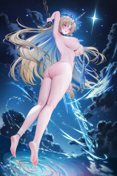 1girl arm_up armpits ass barefoot blonde_hair blue_eyes blue_hair breast_curtains breasts cloud cloudy_sky colored_inner_hair commentary completely_nude crown_of_thorns earrings english_commentary feet fleurdelys_(wuthering_waves) floating_earrings from_behind full_body highres holding holding_sword holding_weapon horns huge_breasts jewelry kneepits lichiko long_hair long_horns long_legs looking_at_viewer multicolored_hair night night_sky nude parted_bangs parted_lips pointy_ears presenting_armpit revision ripples sidelocks single_horn sky soles solo sword tacet_mark_(wuthering_waves) toes torso_twist very_long_hair weapon wet wuthering_waves yellow_horns