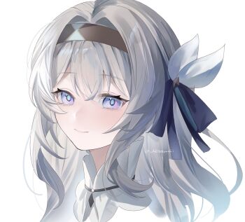 1girl black_hairband blue_ribbon closed_mouth collared_shirt firefly_(honkai:_star_rail) hair_ribbon hairband highres honkai:_star_rail honkai_(series) looking_at_viewer portrait ribbon shirt sidelocks simple_background smile solo white_background yukiusagi_(snowrabbit0508)