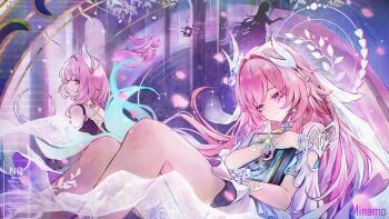 2girls artist_name as_i&#039;ve_written_(honkai:_star_rail) bare_shoulders blue_eyes book coat commentary_request cyrene_(aedes_elysiae)_(honkai:_star_rail) cyrene_(honkai:_star_rail) cyrene_(ripples_of_past_reverie)_(honkai:_star_rail) diamond-shaped_pupils diamond_(shape) dress dual_persona earrings flower hair_flower hair_ornament highres holding holding_book honkai:_star_rail honkai_(series) jewelry long_hair mem_(honkai:_star_rail) minamo_(edosei_edo) multicolored_hair multiple_girls pink_hair pointy_ears purple_coat purple_eyes shirt smile symbol-shaped_pupils thighs two-tone_hair very_long_hair white_dress white_shirt