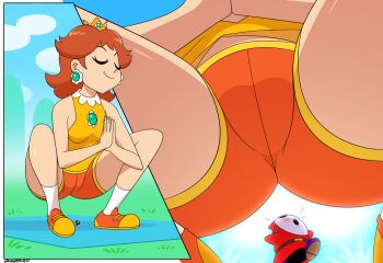 1boy 1girl aqua_gemstone belt blue_shoes blush breasts brooch brown_belt brown_hair cameltoe closed_eyes cloud crown dangerking11 earrings flower_earrings flying_sweatdrops from_below gem giant giantess grass jewelry long_hair malasana mario_(series) mario_tennis mask medium_breasts multiple_views nintendo orange_shoes orange_shorts own_hands_together princess princess_daisy red_robe robe shirt shoes shorts shy_guy sky sleeveless sleeveless_shirt smile sneakers socks squatting surprised view_between_legs white_mask white_socks yellow_shirt yoga yoga_mat