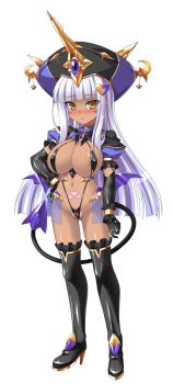 1girl aoi_masami black_gloves black_thighhighs blunt_bangs blush boots breasts corruption covered_erect_nipples dark-skinned_female dark_persona dark_skin demon_girl demon_tail doumyouji_kotetu elbow_gloves full_body game_cg gloves hand_on_own_hip hat highres horns large_breasts large_variant_set long_hair looking_at_viewer navel non-web_source official_art pubic_tattoo puffy_sleeves slave_gear slave_rain slingshot_swimsuit solo swimsuit tail tattoo thigh_boots thighhighs transparent_background ts_magical_girl_nao variant_set white_hair wings yellow_eyes