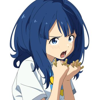 1girl ahoge blue_bow blue_eyes blue_hair blush bow collared_shirt food french_fries highres looking_at_viewer make_heroine_ga_oo_sugiru! medium_hair open_mouth quelcom school_uniform shirt tsuwabuki_high_school_uniform white_shirt yanami_anna yellow_bow
