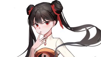 1girl brown_hair cardcaptor_sakura child chinese_clothes chinese_commentary closed_mouth collared_shirt commentary_request dot_nose double_bun expressionless eyelashes floating_hair frown hair_between_eyes hair_bun hair_ribbon hand_on_own_chin li_meiling light_blush long_hair long_sleeves looking_at_viewer mandarin_collar red_eyes red_ribbon ribbon shanwenyufan shirt simple_background solo tsurime twintails upper_body very_long_hair white_background white_shirt yin_yang yin_yang_print