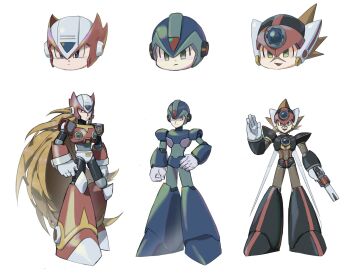 Rule 34 | 3boys, armor, axl (mega man), black armor, blonde hair, blue armor, blue helmet, brown hair, chest jewel, chibi, cross scar, forehead jewel, full body, group picture, gun, helmet, highres, holding, holding gun, holding weapon, long hair, male focus, mega man (series), mega man x (series), multiple boys, nanhui aria, red armor, red helmet, scar, scar on face, simple background, spiked hair, weapon, white background, x (mega man), zero (mega man)