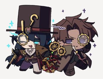 2boys aqua_eyes asymmetrical_inertia_(e.g.o) black_vest brown_coat brown_hair brown_hat brown_pants chibi coat dark-skinned_male dark_skin gears hat heathcliff_(project_moon) hong_lu_(project_moon) limbus_company looking_at_viewer monocle multiple_boys nantekottawo!! one_eye_closed open_mouth pants project_moon purple_eyes scarf simple_background top_hat vest white_background white_pants white_scarf yurodiviye_(identity)_(project_moon)