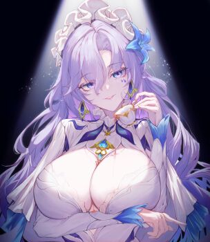 1girl alternate_breast_size_(larger) arm_under_breasts blue_flower breasts cantarella_(wuthering_waves) chinese_commentary commentary_request cup earrings facial_mark flower hair_between_eyes hair_flower hair_ornament headdress highres holding holding_cup huge_breasts jewelry long_hair looking_at_viewer mark_under_eye parted_lips partial_commentary pouring pouring_onto_self purple_eyes purple_hair shrug_(clothing) smile solo teacup upper_body white_shrug wuthering_waves xiaomingo-2cl