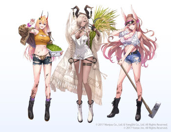 Rule 34 | 3girls, animal print, azumi akitake, azur lane, belt, black belt, black boots, black gloves, black shorts, blonde hair, blue shorts, boots, bra, braid, breasts, brown hair, cleavage, clothing cutout, commentary request, dark-skinned female, dark skin, denim, denim shorts, dirty, fishnets, floating hair, full body, gloves, head wings, highres, horns, jacket, kumano (azur lane), large breasts, leopard print, leopard print panties, long hair, looking at viewer, multiple girls, nachi (azur lane), navel, official art, open clothes, open jacket, open mouth, owari (azur lane), panties, parted lips, pink bra, pink hair, print jacket, print panties, purple socks, shirt, short shorts, shorts, shoulder cutout, simple background, smile, socks, standing, stomach, torn clothes, torn shorts, twin braids, two-tone background, underwear, v, very long hair, white boots, white shirt, white shorts, wings